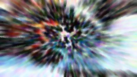 Abstrakte Komposition aus bunten, radial von der Mitte nach außen verlaufenden Streifen in Rot, Grün, Blau und Violett mit hellen Lichtflecken.