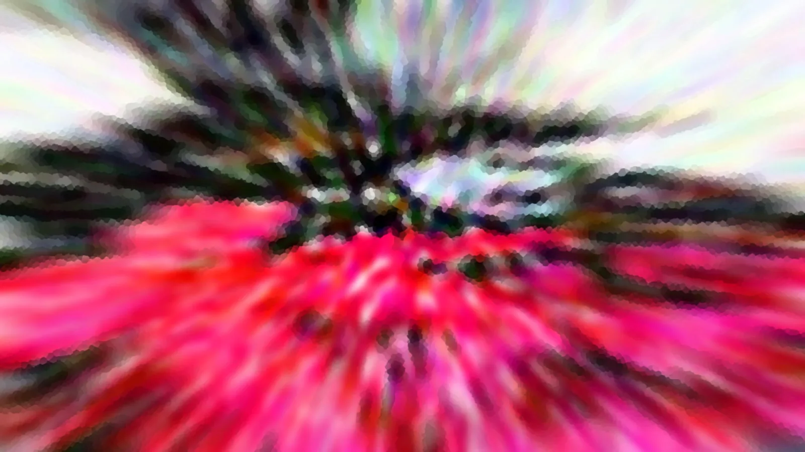 Abstrakte Komposition aus radialen Unschärfe-Schlieren in Rot, Pink, Schwarz und Weiß, die vom Zentrum nach außen laufen.