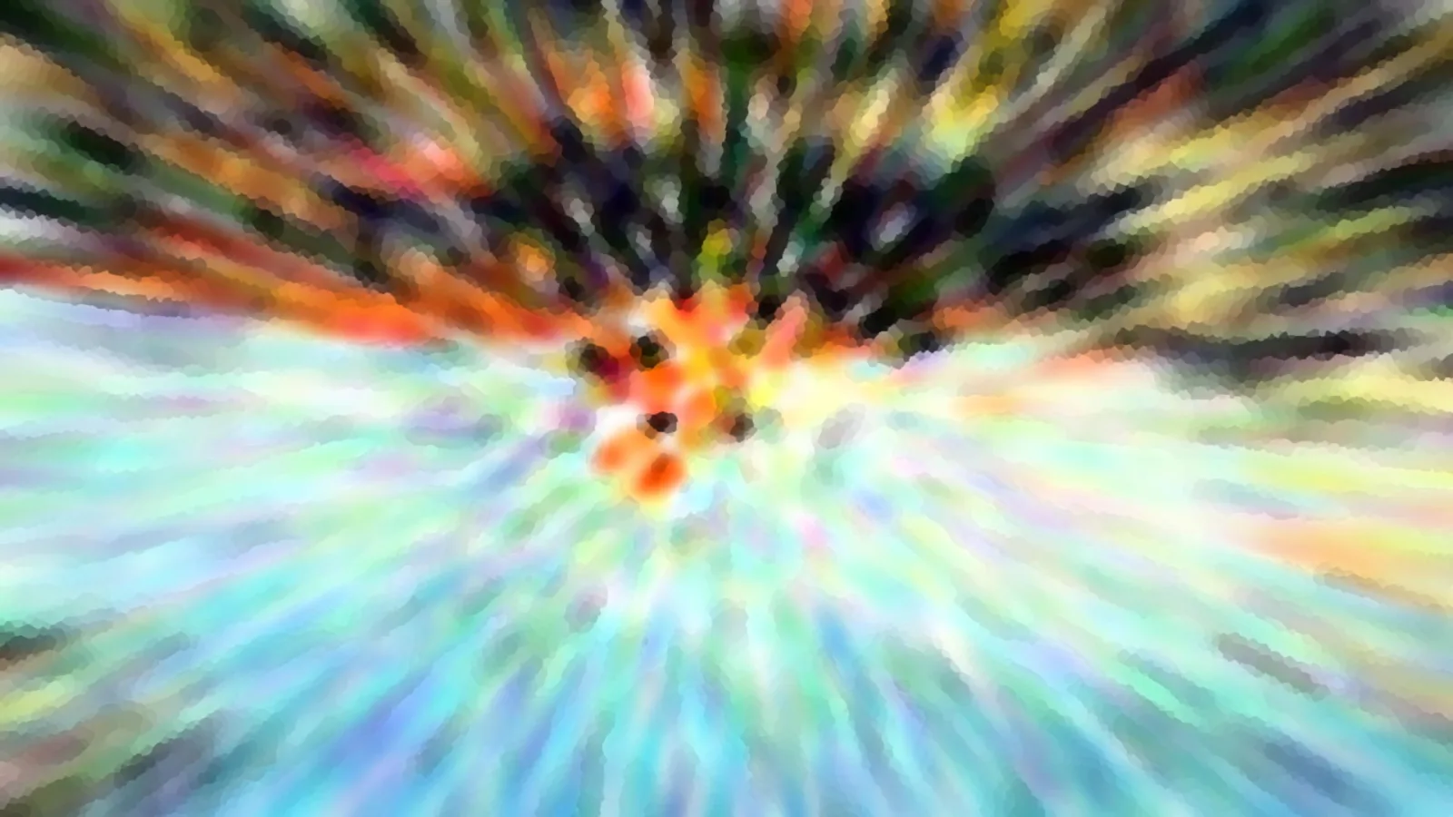 Abstrakte Komposition mit radial von einem orangefarbenen Zentrum ausstrahlenden Farbstreifen in Schwarz, Orange, Gelb und Türkis, vor allem unten in hellem Blau und Mint.