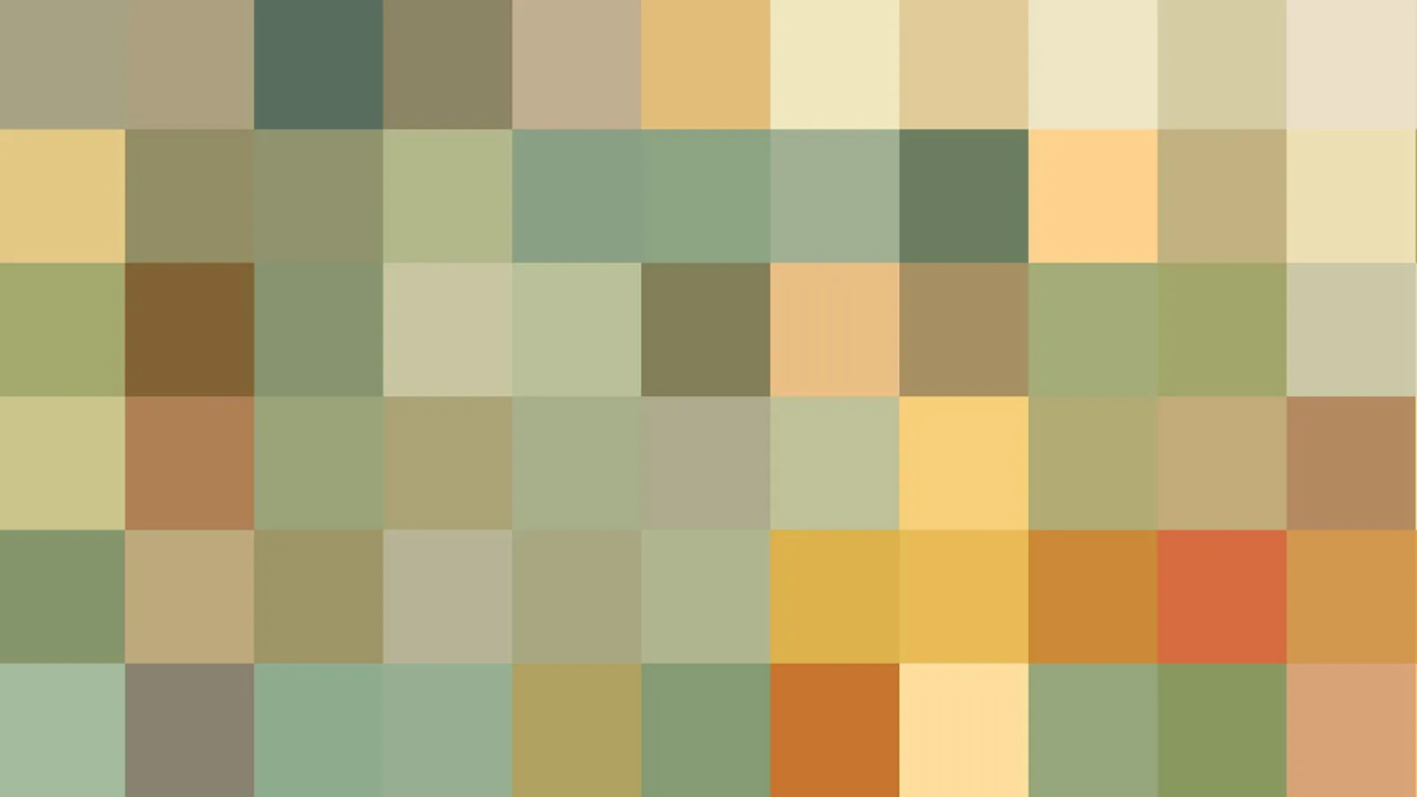 Abstraktes Raster aus farbigen Quadraten in Oliv-, Ocker-, Beige- und Orangetönen, ohne erkennbares Motiv.