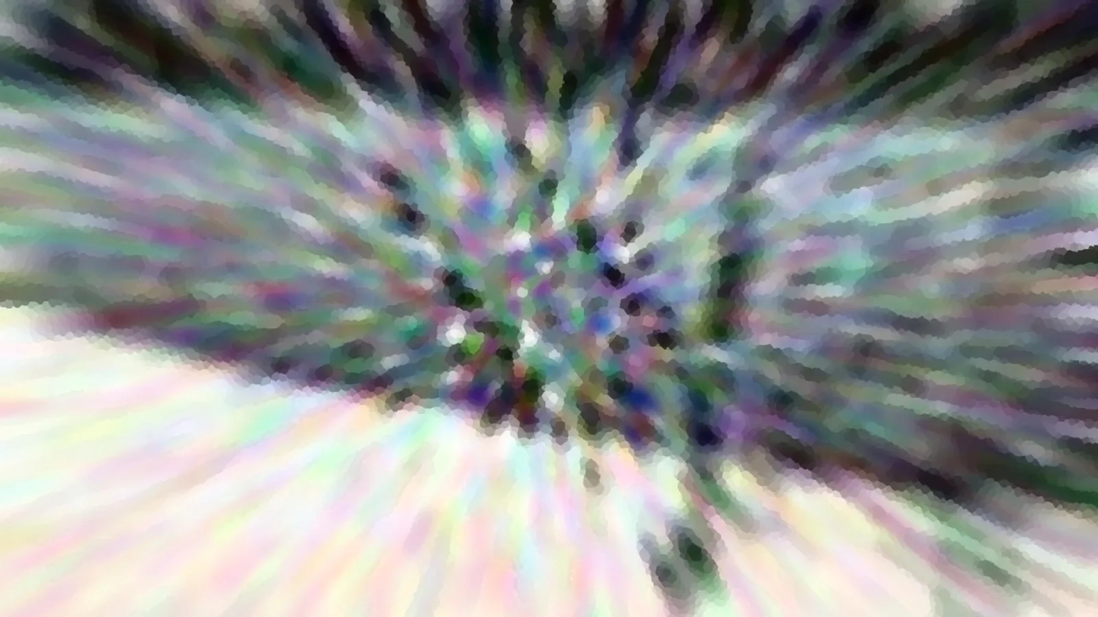 Abstrakte Komposition aus pastellfarbenen Streifen, die radial aus einem dunklen, punktierten Zentrum nach außen strahlen.
