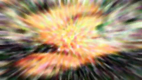 Abstraktes Bild mit radial von der Mitte ausgehenden Streifen in Orange, Gelb, Grün und Violett, weich verwischt und leicht pixelig.