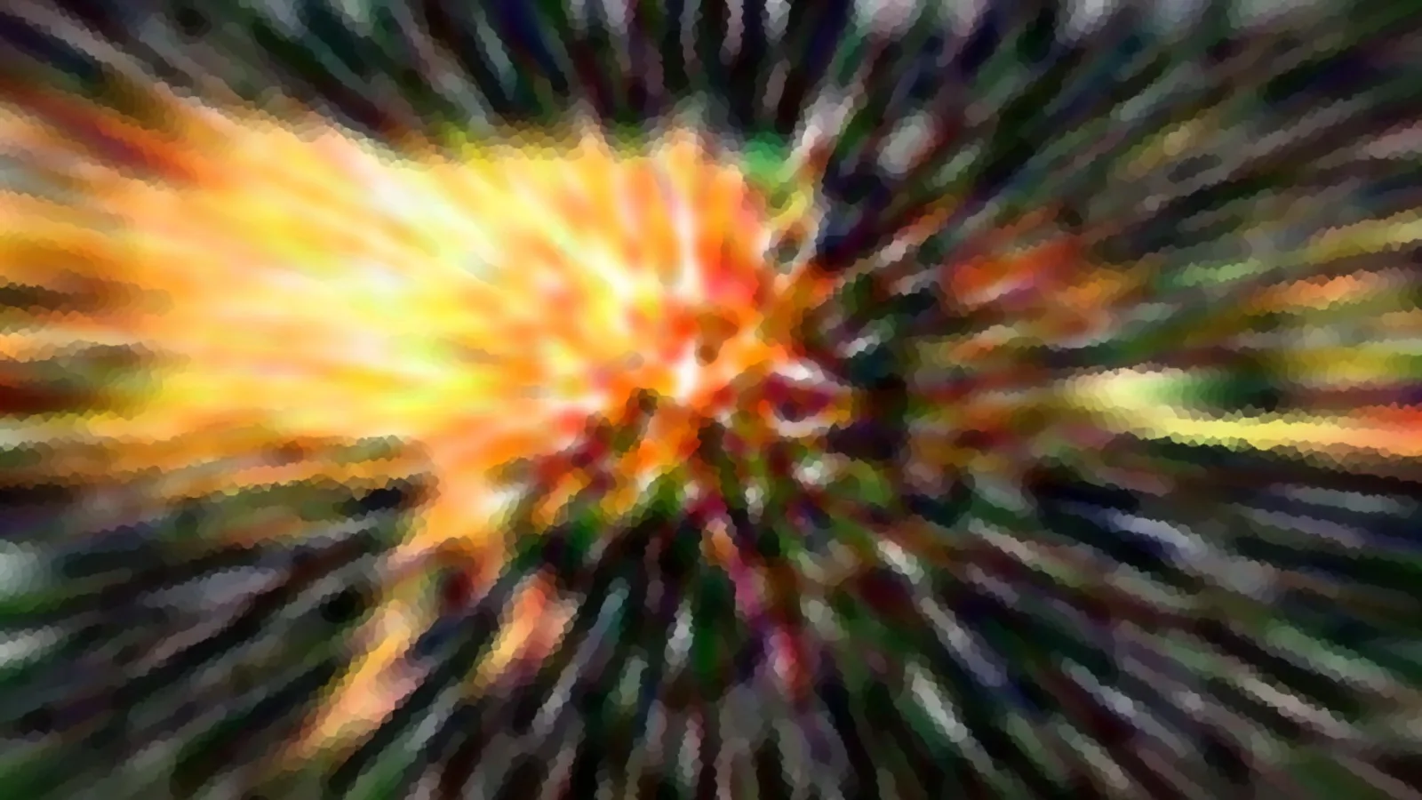 Abstrakte Komposition aus Streifen, die von einem hellen orangegelben Zentrum radial nach außen laufen, durchsetzt mit Grün, Violett und Rot, grob gerastert.