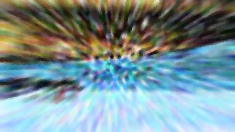 Abstrakte Komposition mit farbigen Streifen, die von einem zentralen Punkt nach außen laufen, oben in Gelb, Grün und Braun, unten in Blau und Weiß.