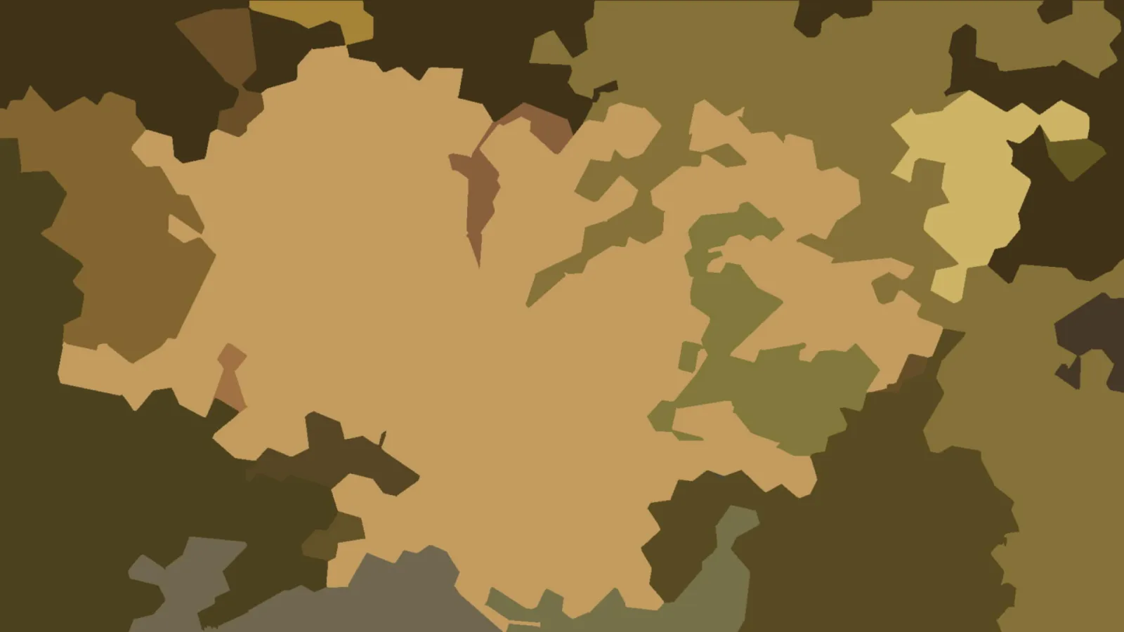 Abstraktes Muster aus unregelmäßigen Flächen in Sandbeige, Olivgrün, Ocker und Dunkelbraun, dazwischen graugrüne Bereiche.
