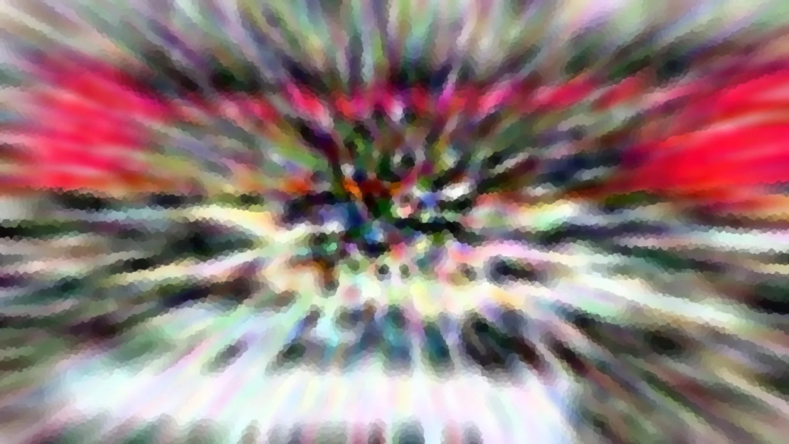 Abstrakte Komposition aus bunten, radial von der Mitte nach außen laufenden Schlieren in Rot, Grün, Weiß und Schwarz, mosaikartig verpixelt.