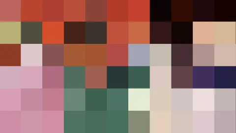 Raster aus quadratischen Farbfeldern in Rot, Braun, Grün, Rosa, Beige und Dunkelblau, ohne erkennbares Motiv.
