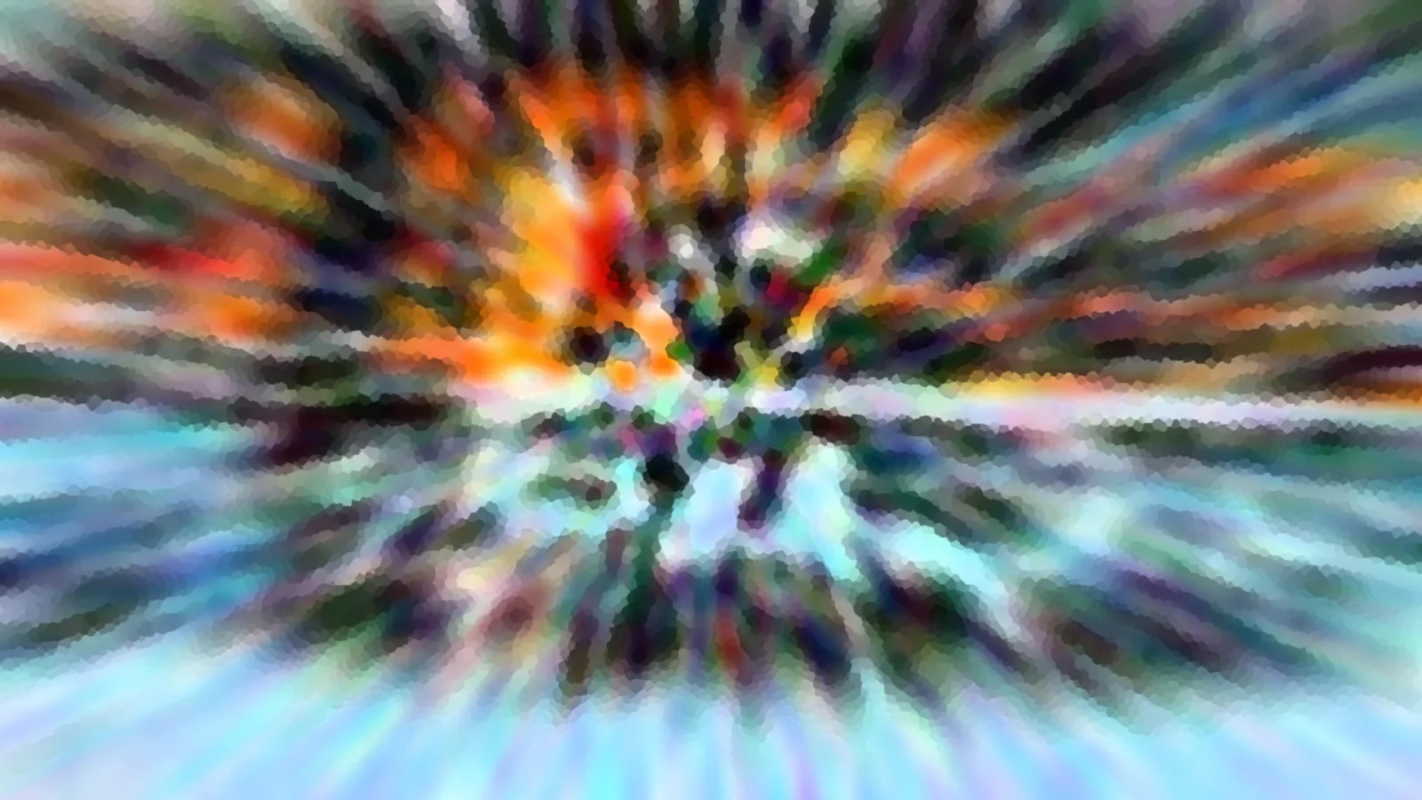 Abstrakte Komposition mit radialem Zoomeffekt: Farbstreifen in Orange, Rot und Blau laufen von einem dunklen Zentrum nach außen, unten dominiert helles Türkis.