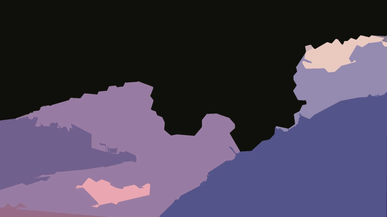 Abstrakte Komposition aus violetten, rosafarbenen und blauen Flächen, oben und links von einem schwarzen Hintergrund begrenzt.