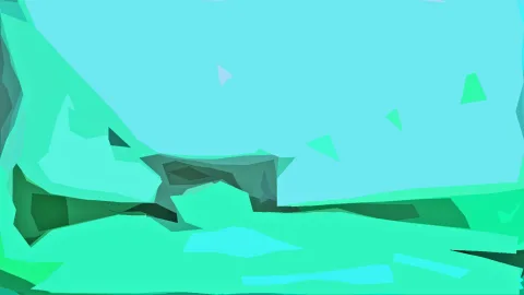 Abstrakte Landschaft aus türkisfarbenen und grünen Dreiecksflächen, oben heller Himmel, unten dunkle felsartige Formen