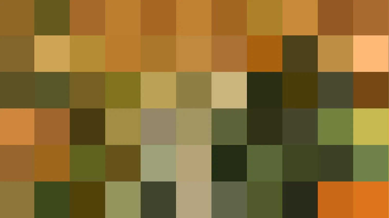 Grobes Mosaik aus quadratischen Farbfeldern in Ocker, Braun, Olivgrün und Orange.
