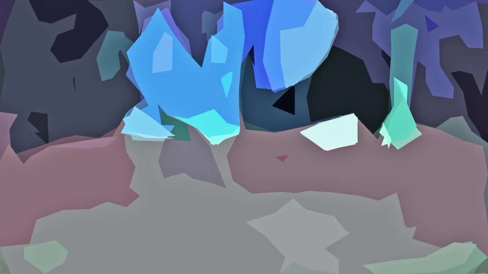 Abstrakte Komposition aus blauen, violetten, rosa und grauen Polygonen, die sich über die Fläche verteilen.