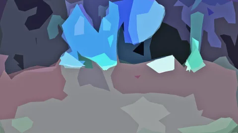 Abstrakte Komposition aus blauen, violetten, rosa und grauen Polygonen, die sich über die Fläche verteilen.