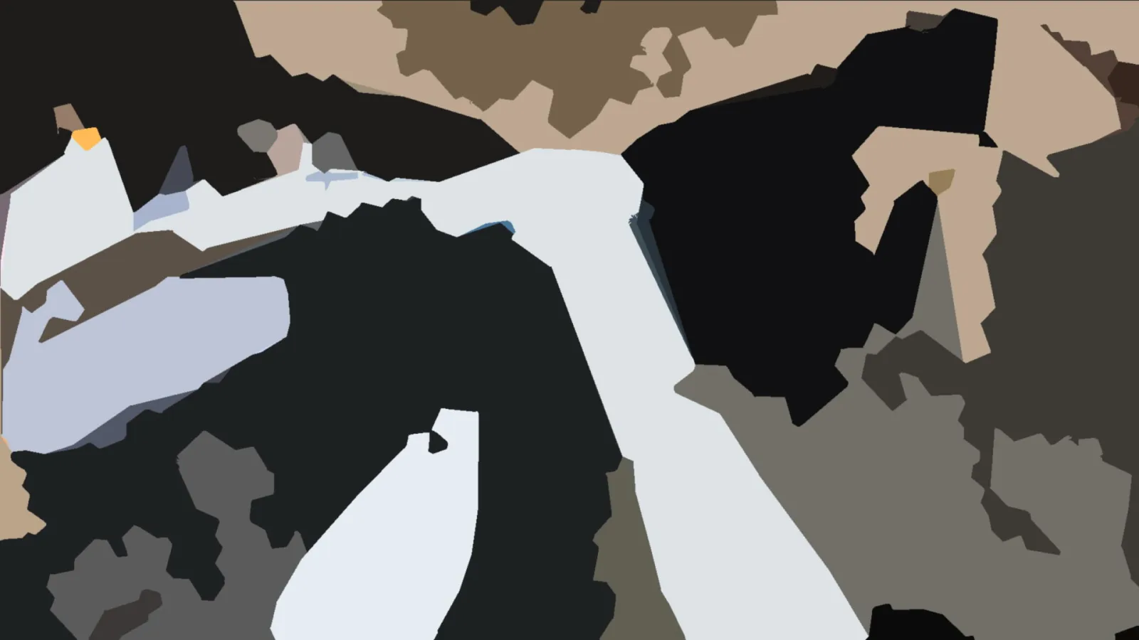 Abstrakte Komposition aus großen, flach eingefärbten Flächen in Schwarz, Weiß, Beige und Grau, mit kantigen, unregelmäßigen Formen.