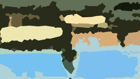Abstrakte Komposition aus unregelmäßigen Flächen in Olivgrün, Schwarz, Cremegelb, Orange und Hellblau.