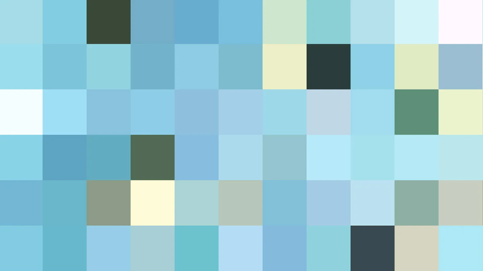 Mosaik aus quadratischen Farbfeldern in Pastelltönen, überwiegend Blau, Türkis und Hellgrün, mit einzelnen dunklen Feldern in Anthrazit und Grün.