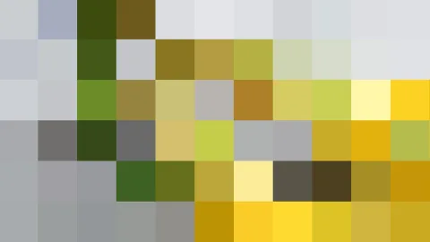 Ein Raster aus quadratischen Pixelblöcken in Grau, Oliv, Grün und Gelb, unten rechts in kräftigem Gelb.