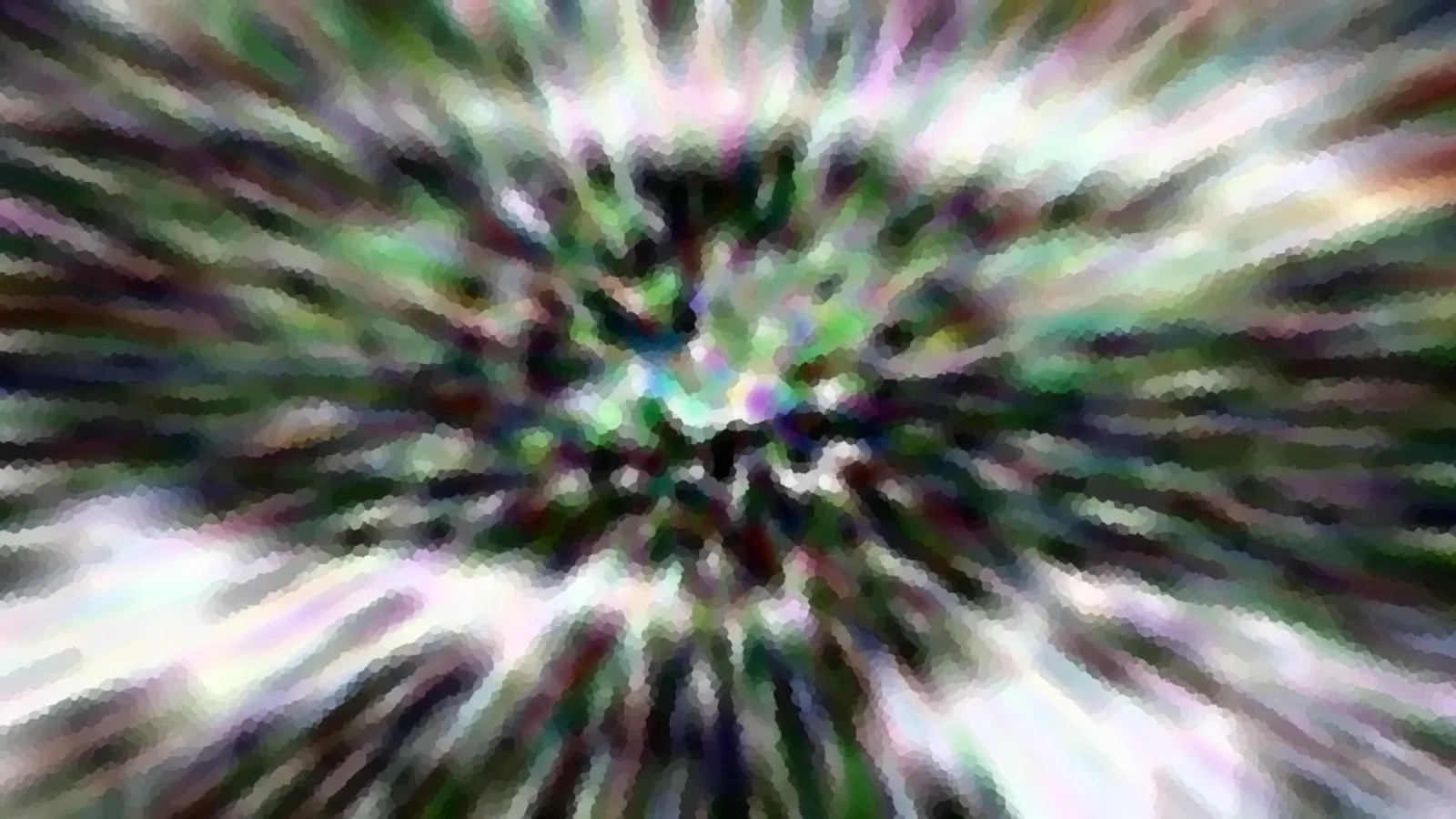 Abstrakte Komposition aus grünen, violetten und weißen Farbstrahlen, die von einem dunklen Zentrum radial nach außen laufen und mosaikartig verpixelt wirken.