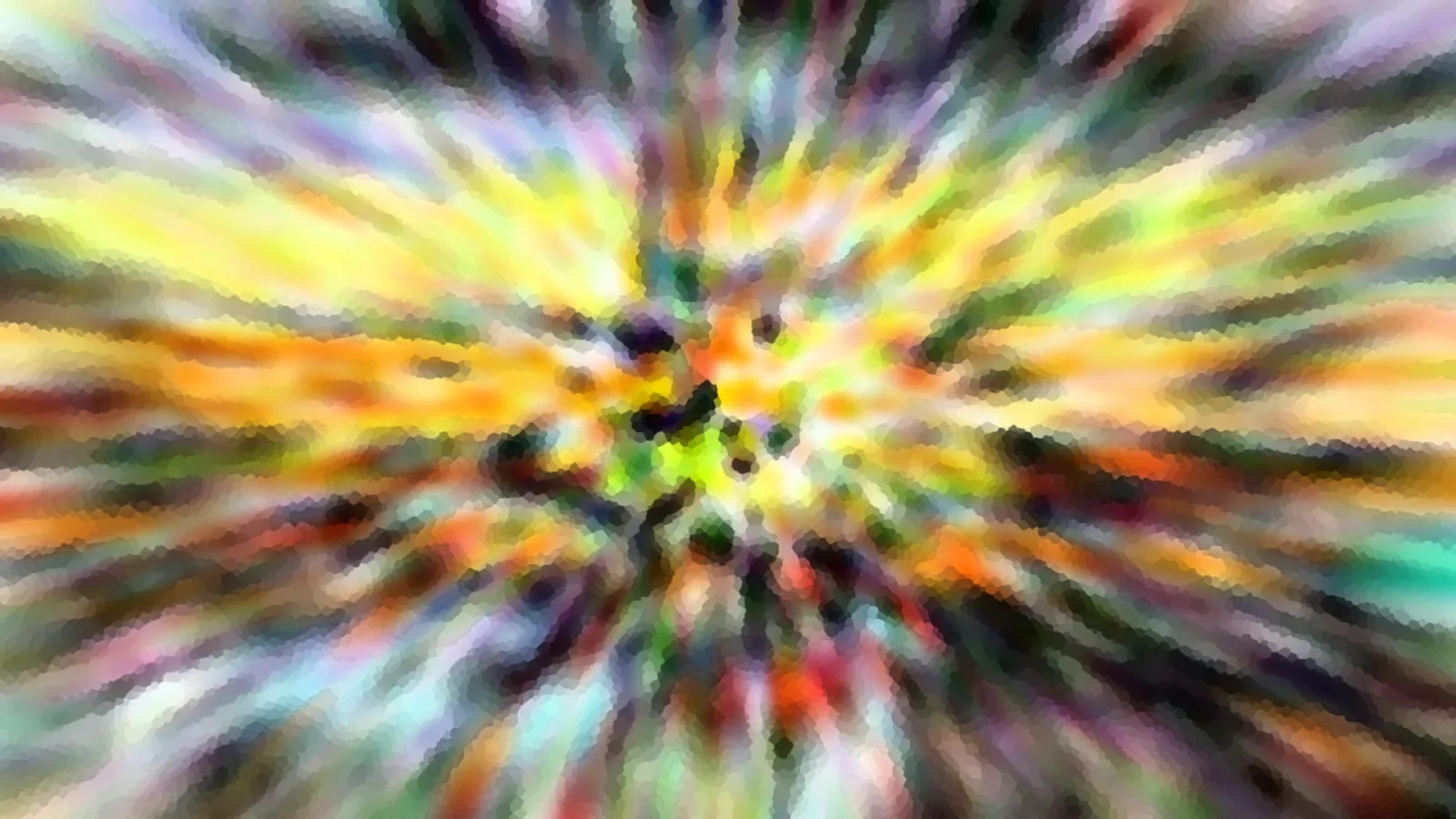 Abstraktes Bild mit bunten Farbstrahlen, die von einer hellen Mitte nach außen laufen, grob gepixelt.