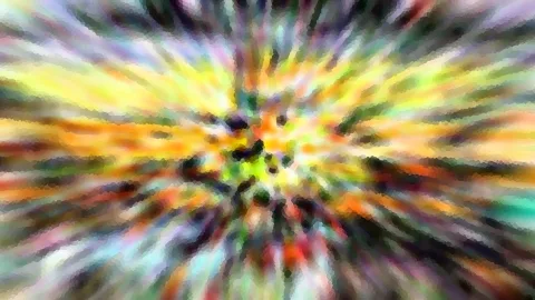 Abstraktes Bild mit bunten Farbstrahlen, die von einer hellen Mitte nach außen laufen, grob gepixelt.