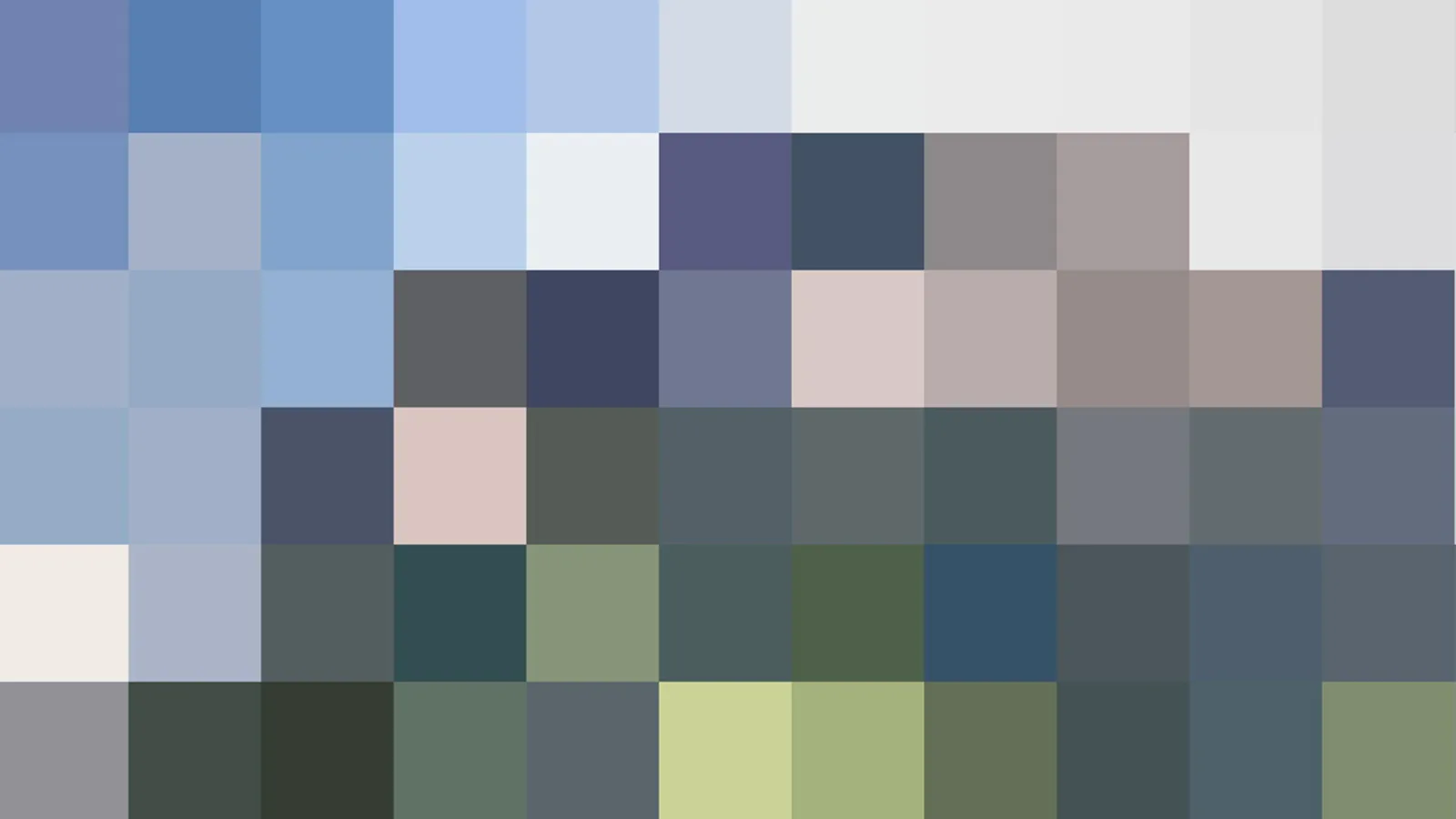 Mosaik aus rechteckigen Farbfeldern in Blau-, Grau-, Grün- und Rosatönen, in Reihen angeordnet.