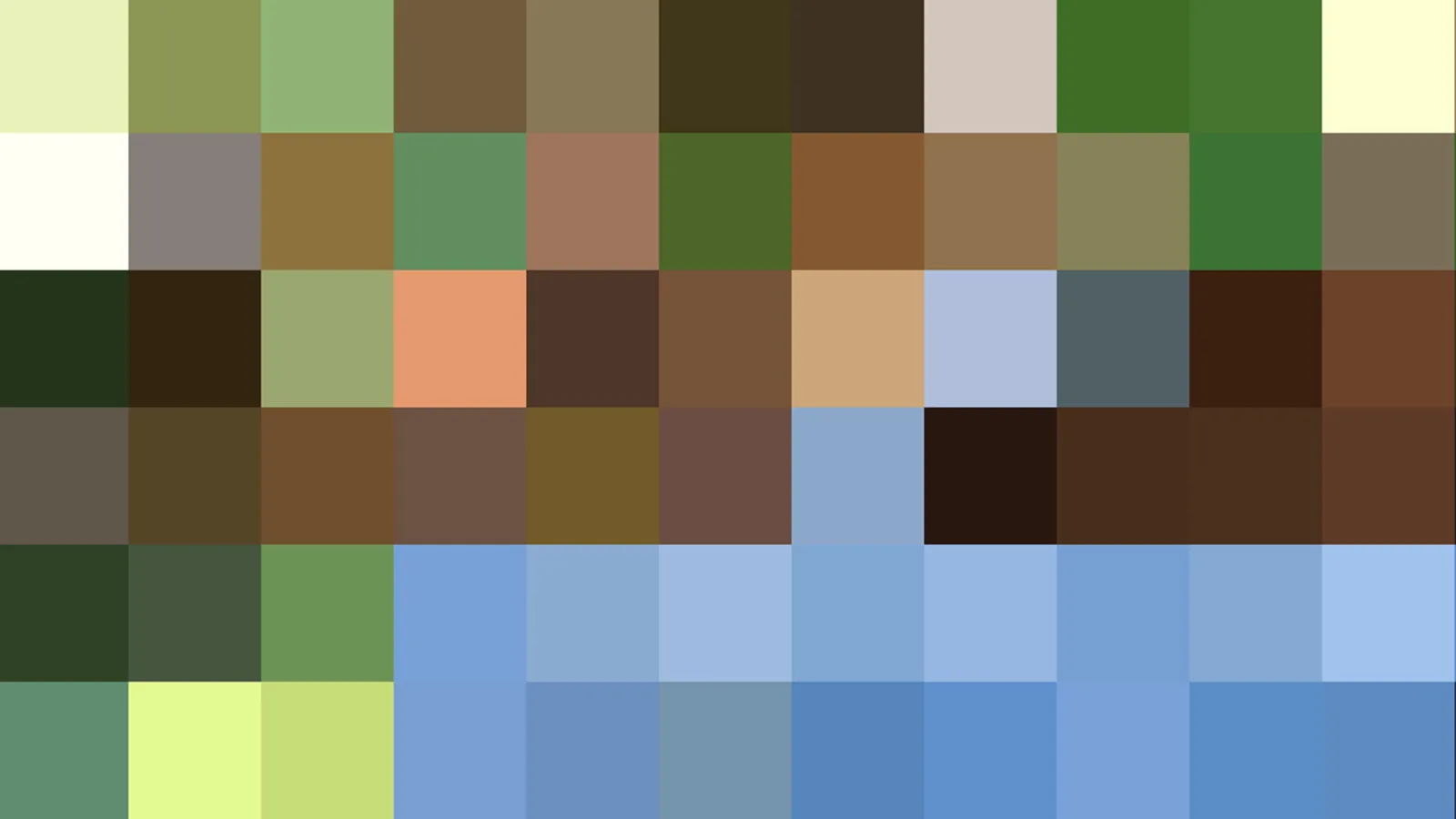 Pixelmosaik aus Feldern in Grün, Braun, Beige und Blau, in sechs Zeilen angeordnet.