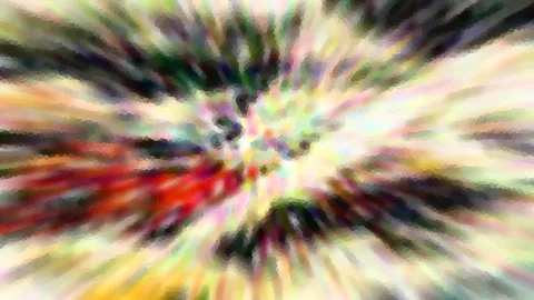 Abstraktes Bild mit radial von der Mitte nach außen laufenden Farbstrahlen in Rot, Gelb, Grün und Weiß, leicht pixelig verwaschen.