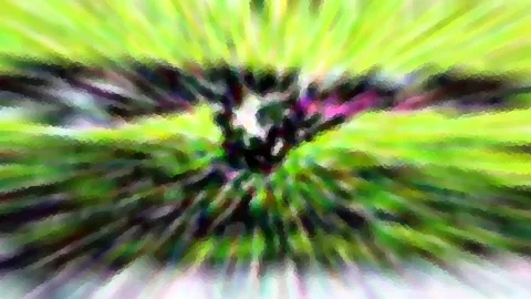 Abstrakte Komposition aus radial verlaufenden grünen, gelben und violetten Schlieren mit dunklem Zentrum