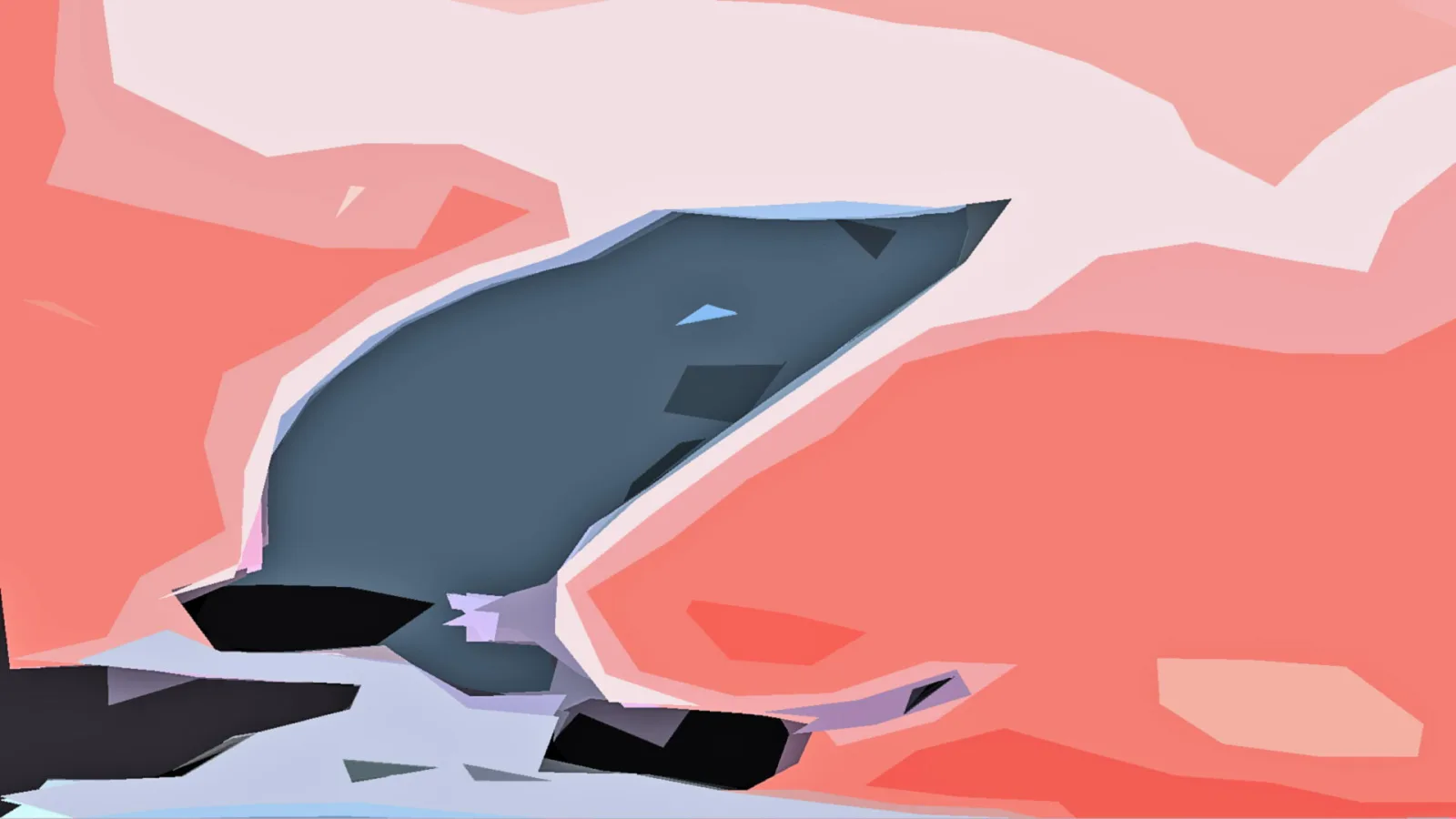 Abstrakte Low-Poly-Komposition mit einer dunkelgrauen, schräg aufragenden Form auf koralle- und rosafarbenem Grund, unten angrenzend helle Grau- und schwarze Flächen.