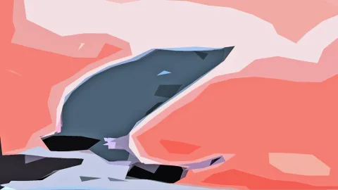 Abstrakte Low-Poly-Komposition mit einer dunkelgrauen, schräg aufragenden Form auf koralle- und rosafarbenem Grund, unten angrenzend helle Grau- und schwarze Flächen.