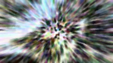Abstrakte Komposition aus bunten, radial von der Mitte ausstrahlenden Streifen und dunklen Flecken im Zentrum, verwischt und pixelig.