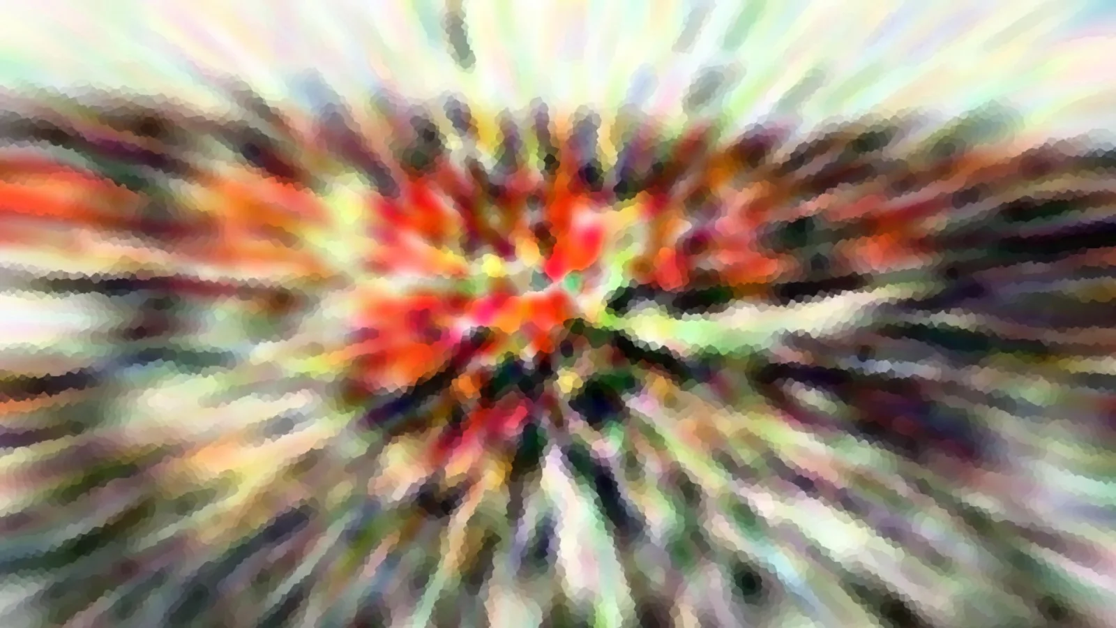 Abstrakte Komposition aus radial auseinanderstrebenden Streifen in Rot, Orange, Grün und Weiß, zur Mitte hin verdichtet und mosaikartig gepixelt.