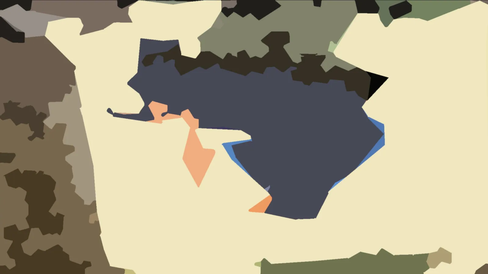 Abstrakte Komposition aus flachen, unregelmäßigen Farbflächen in Beige, Anthrazit, Braun, Oliv und Orange auf hellem Grund.