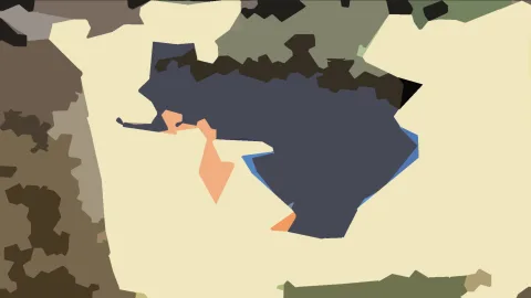 Abstrakte Komposition aus flachen, unregelmäßigen Farbflächen in Beige, Anthrazit, Braun, Oliv und Orange auf hellem Grund.