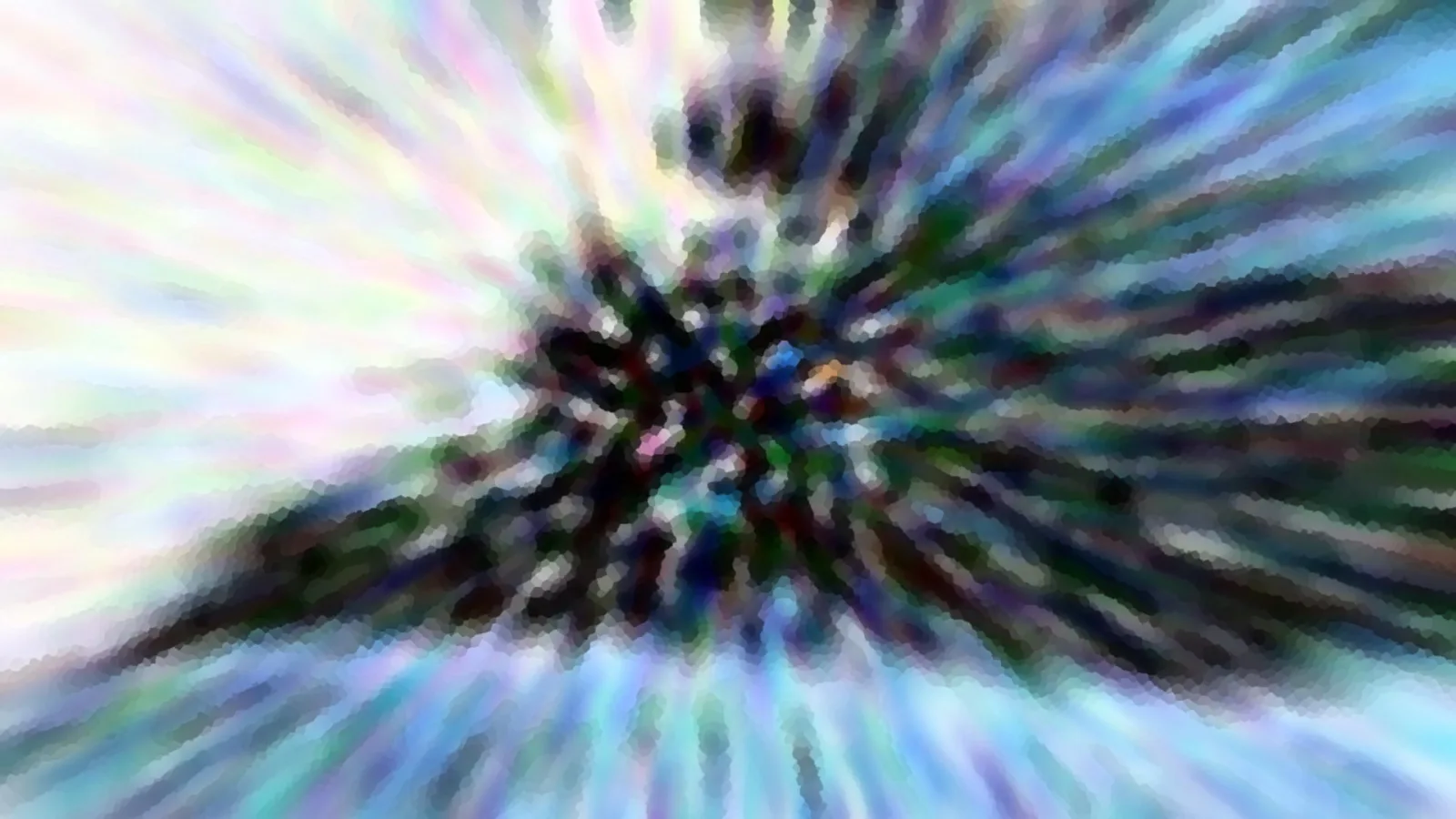 Abstrakte Komposition aus radial von einem dunklen Zentrum nach außen laufenden Streifen in Blau, Grün, Lila und Weiß, verwischt und mit Pixelstruktur.