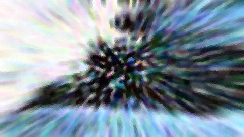 Abstrakte Komposition aus radial von einem dunklen Zentrum nach außen laufenden Streifen in Blau, Grün, Lila und Weiß, verwischt und mit Pixelstruktur.