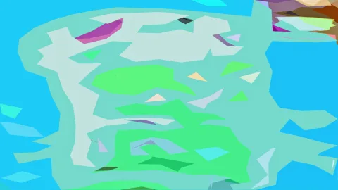 Abstrakte Komposition aus unregelmäßigen, farbigen Polygonen in Mint, Hellgrün, Violett und Türkis auf hellblauem Grund.