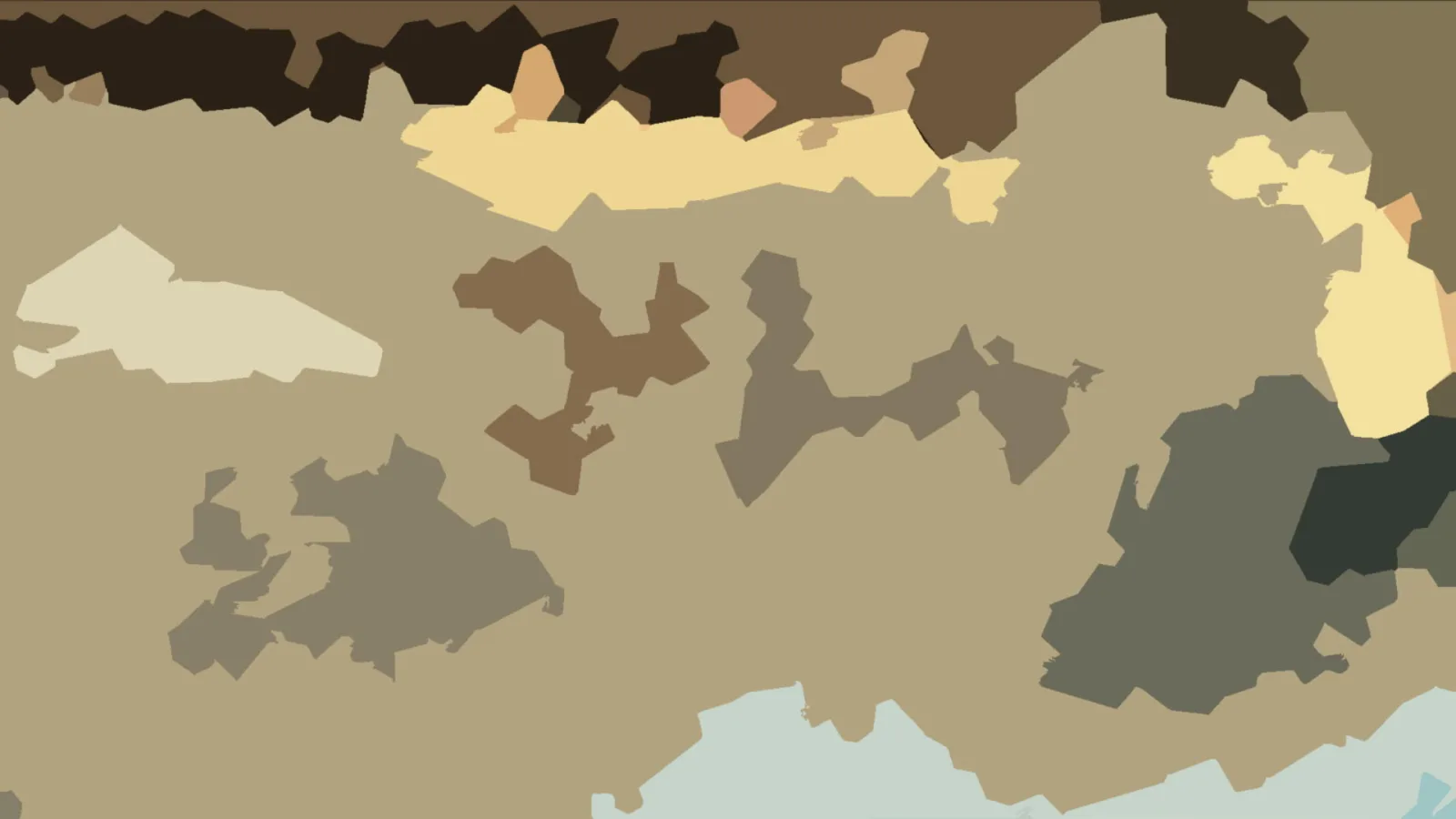 Abstrakte Komposition aus unregelmäßigen Flächen in Beige, Braun, Grau und Blassblau.