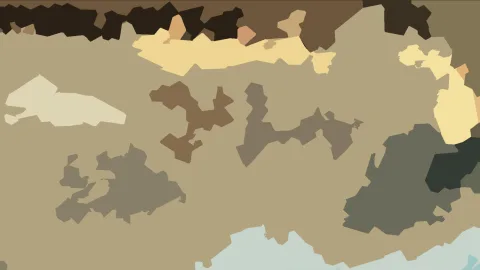 Abstrakte Komposition aus unregelmäßigen Flächen in Beige, Braun, Grau und Blassblau.