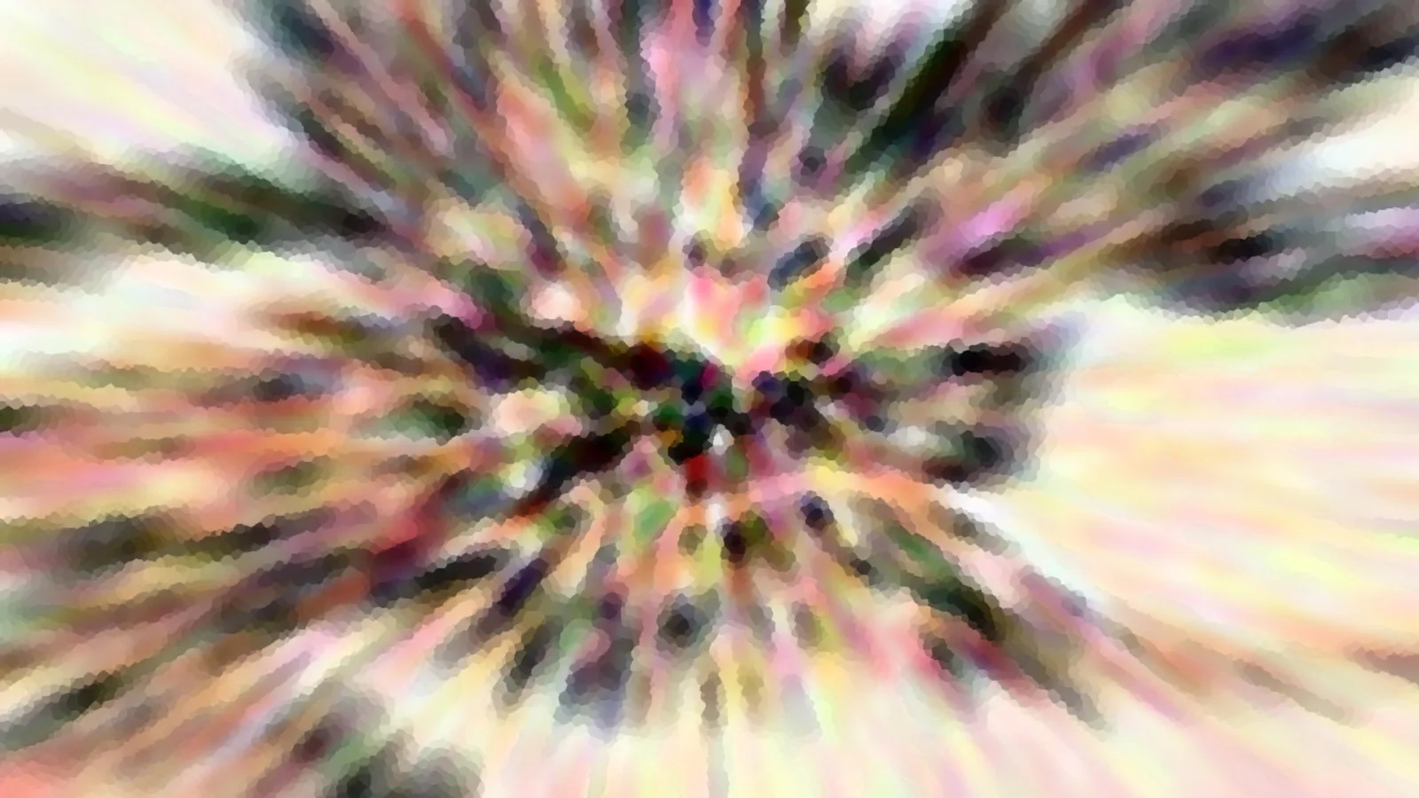 Abstraktes Bild mit pastellfarbenen Streifen, die von einem dunklen Zentrum radial nach außen laufen, weich verwischt und mosaikartig gekörnt.