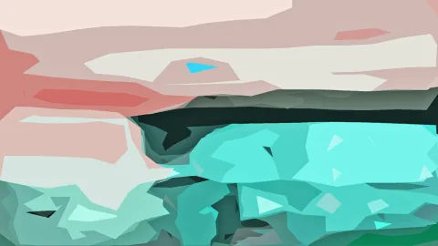 Abstrakte Komposition aus kantigen Flächen in Rosa, Beige und Türkis, mit einem dunklen Band in der Bildmitte und einem kleinen blauen Dreieck im oberen Drittel.