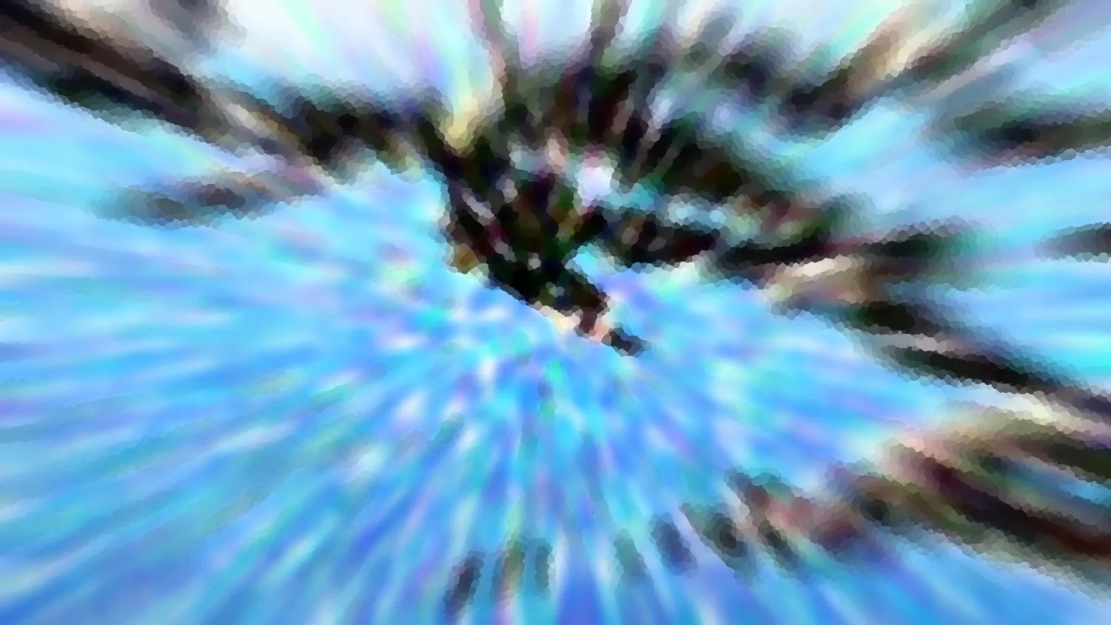 Abstrakte Komposition aus blauen und dunklen Streifen, die radial von einem dunklen Zentrum nach außen laufen.