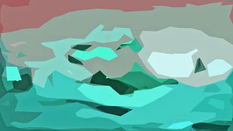 Abstrakte Komposition aus türkisfarbenen, mintgrünen und grau-grünen polygonalen Flächen, oben ein rotes Band