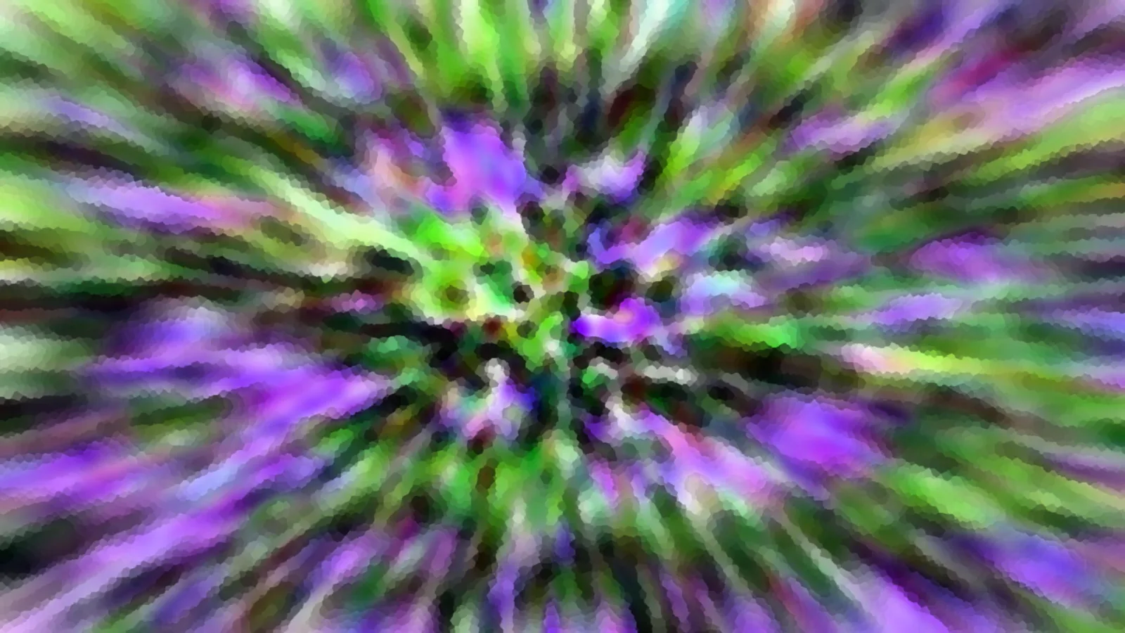 Abstrakte Komposition aus violetten und grünen Schlieren, die von der Bildmitte radial nach außen laufen.