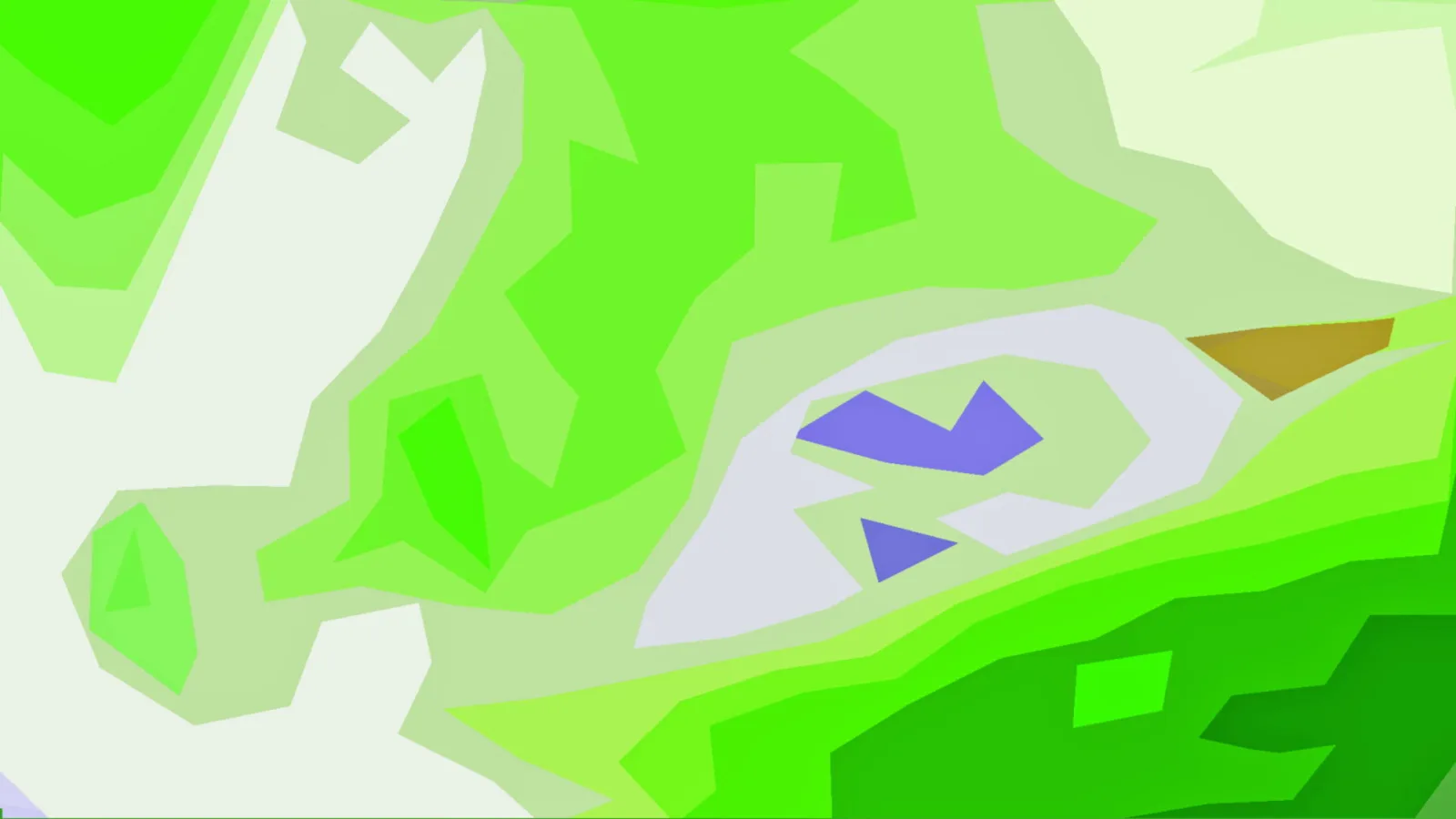 Abstrakte Komposition aus grünen, weißen und grauen Flächen mit zwei violetten Dreiecken und einem braunen Keil.