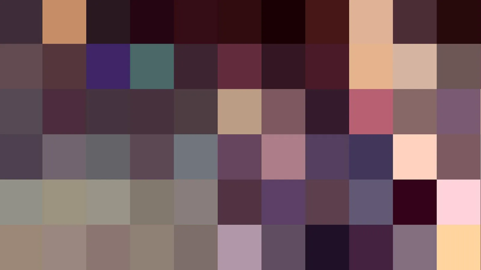 Raster aus 60 quadratischen Farbfeldern in gedämpften Mauve-, Beige-, Pflaume- und Grautönen, dazwischen einzelne Akzente in Petrol, Pink und Gelb.