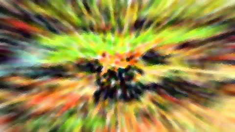 Abstrakte Komposition mit radial ausstrahlenden Farbstreifen in Grün, Orange und Gelb, im Zentrum ein dunkler, körniger Bereich.