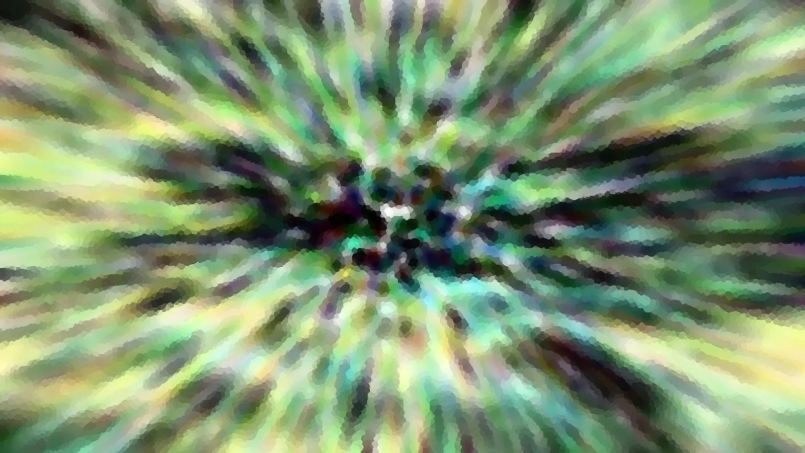 Abstrakte Komposition aus grünen, gelben und dunklen Streifen, die von einem zentralen Punkt radial nach außen laufen, als wäre die Kamera in eine Bewegung hineingezogen worden.