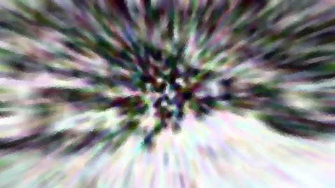 Abstrakte Komposition aus radial von einem dunklen Zentrum nach außen laufenden, pastellfarbenen Schlieren in Grün, Violett und Weiß, leicht pixelig.