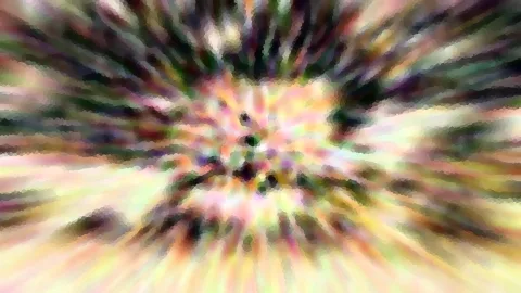 Abstraktes Bild mit radialen Farbstrahlen in Pastelltönen, die von einem dunklen Zentrum nach außen laufen, unscharf und mosaikartig gepixelt.